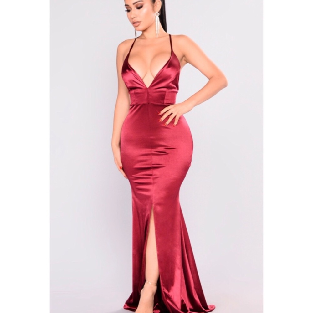 Fashion Nova Decadence Satin Dress in Wine